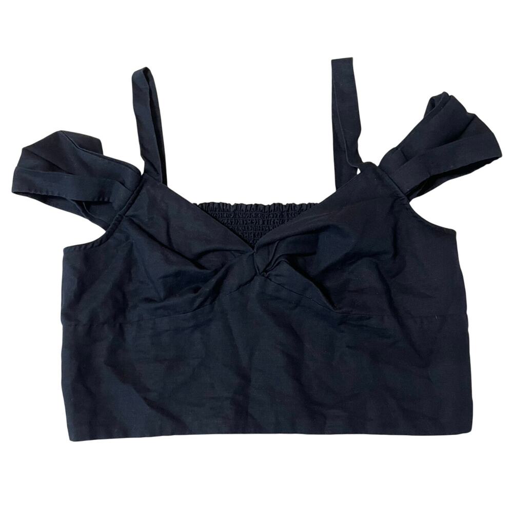 Maeve Black Linen Cotton Blend Black Double Strap Cold Shoulder Crop Top Large